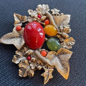 Vintage Leaf Statement Brooch • Red/Amber/Green Cabochons • Gold Tone • 2.75”